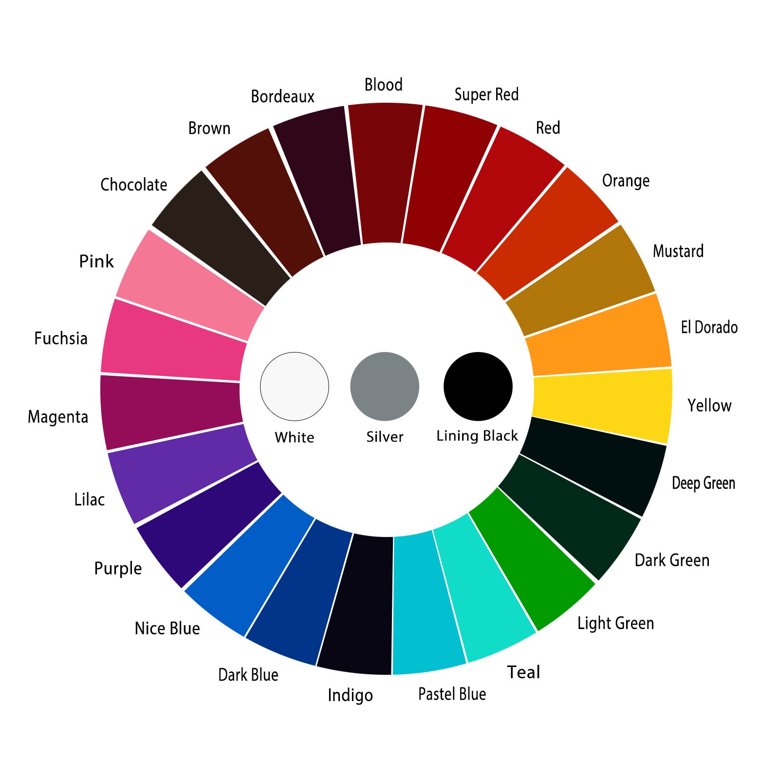 Regal Tattoo Ink color wheel showing red, yellow, green, blue, purple, pink, brown, white, silver, and lining black tattoo ink shades for artists.