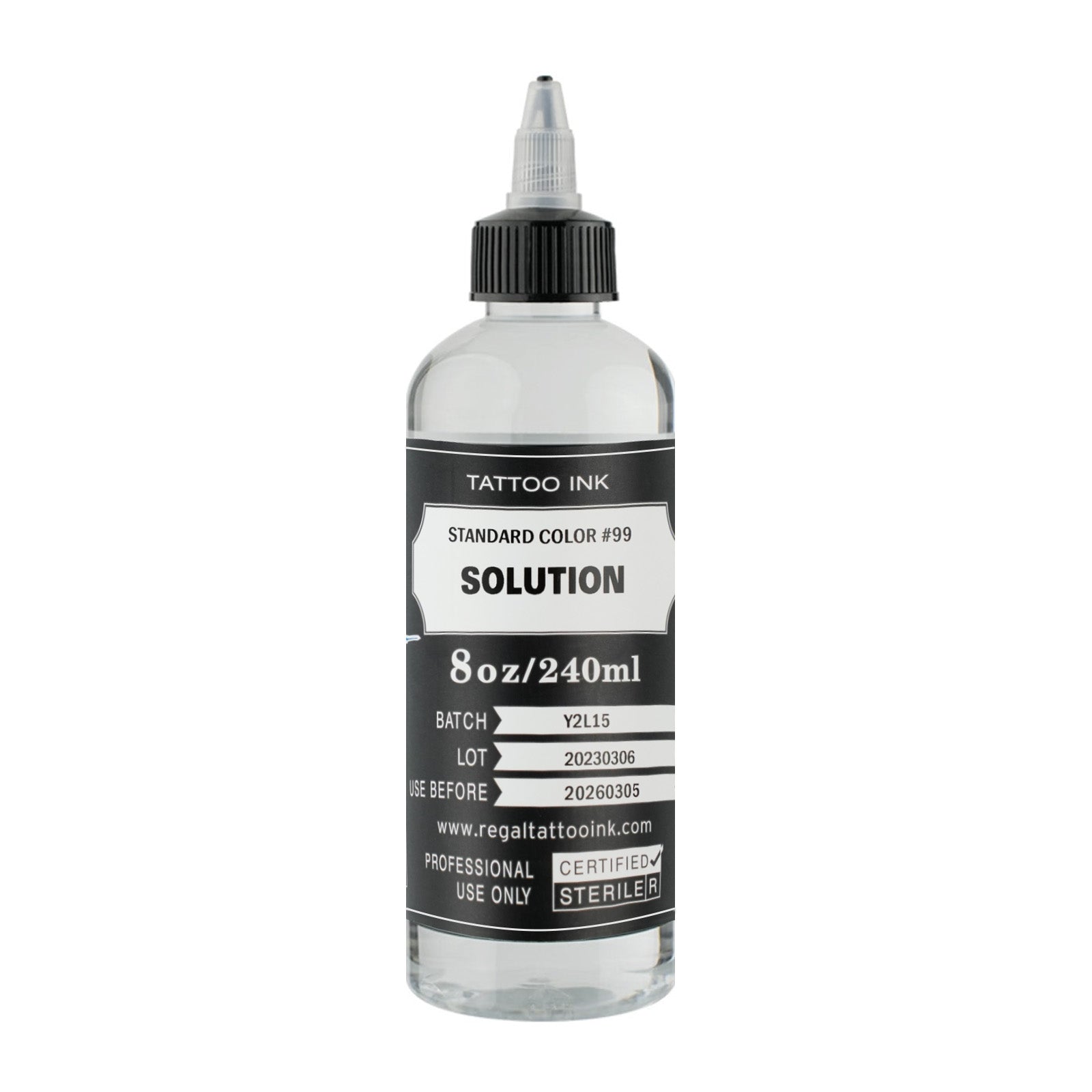 Regal Tattoo Ink Solution 8 oz bottle for professional tattoo use with sterile clear solution and precision twist cap.