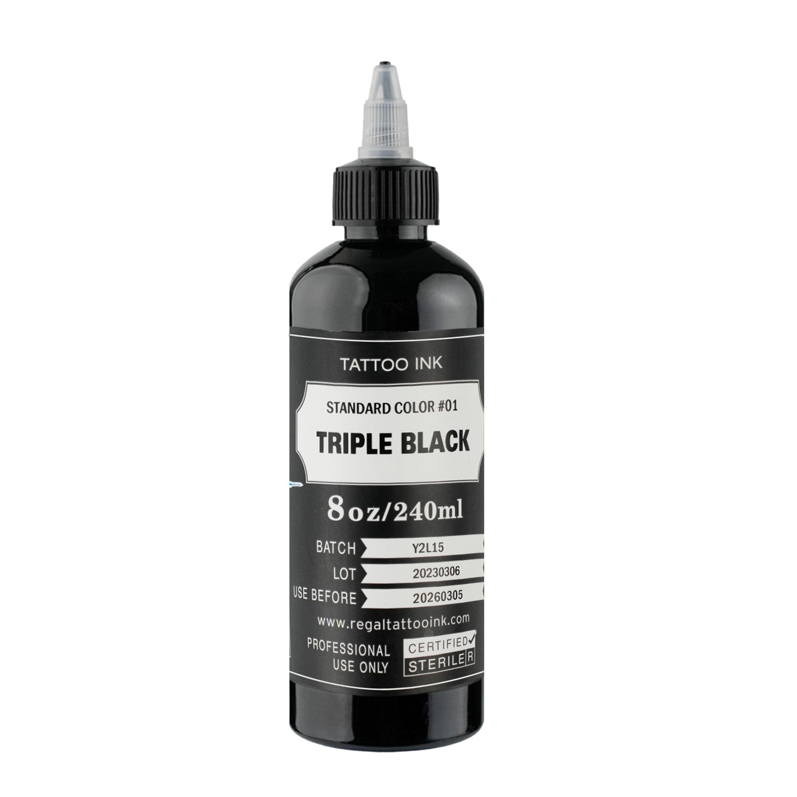 Regal Tattoo Ink Triple Black 8 oz bottle for professional tattoo lining, shading, and solid black tattoo work.
